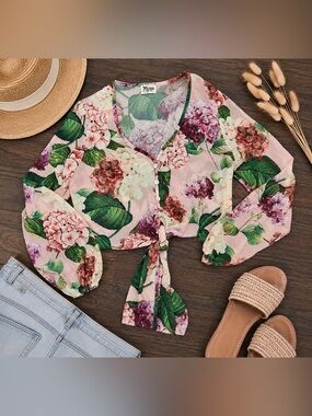 Show Me Your Mumu Pink Hydrangea Floral Tie Front Blouse Small